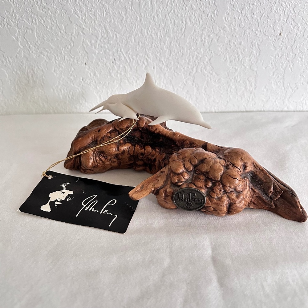 Vintage Beautiful John Perry 2  white Dolphins Sculpture on Burl Wood Base